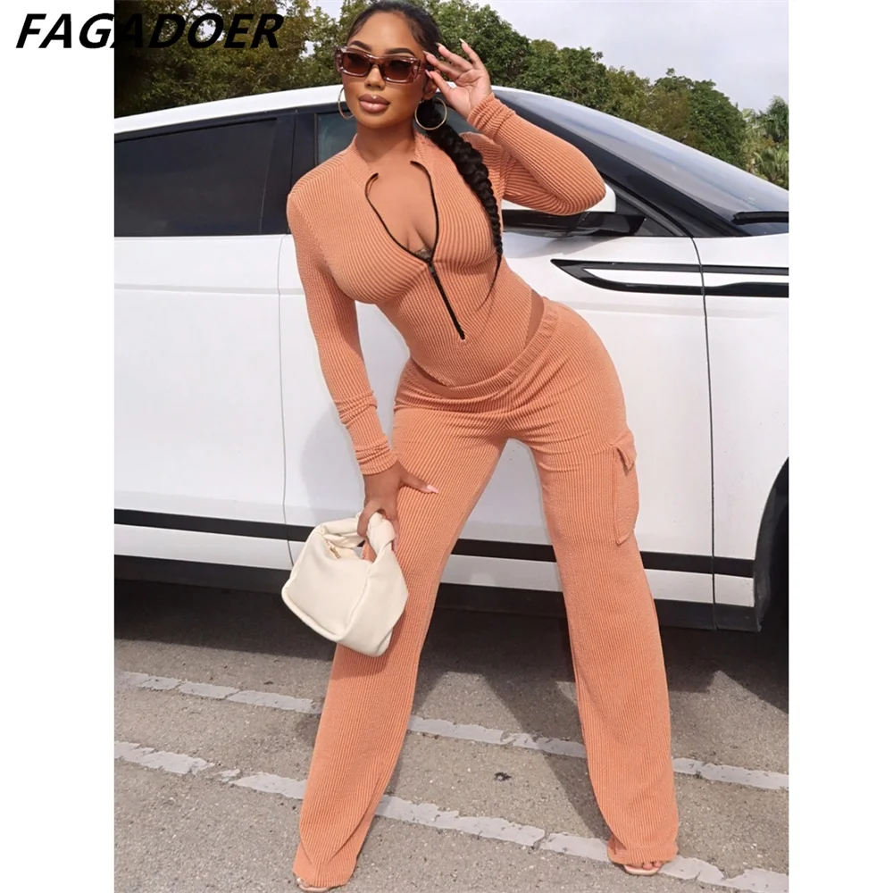 FAGADOER Autumn Rib 2 Piece Sets Women Outfit Casual Lapel Zip Side Hollow Crop Top and High Waist Pocket Patchwork Pants Suits