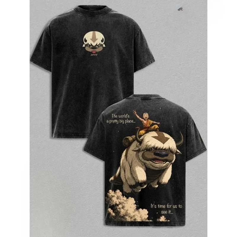 Avatar Aang Appa Anime Printed Retro T Shirt Harajuku Vintage Washed Streetwear Men Clothing Casual Oversized Cotton T-shirt