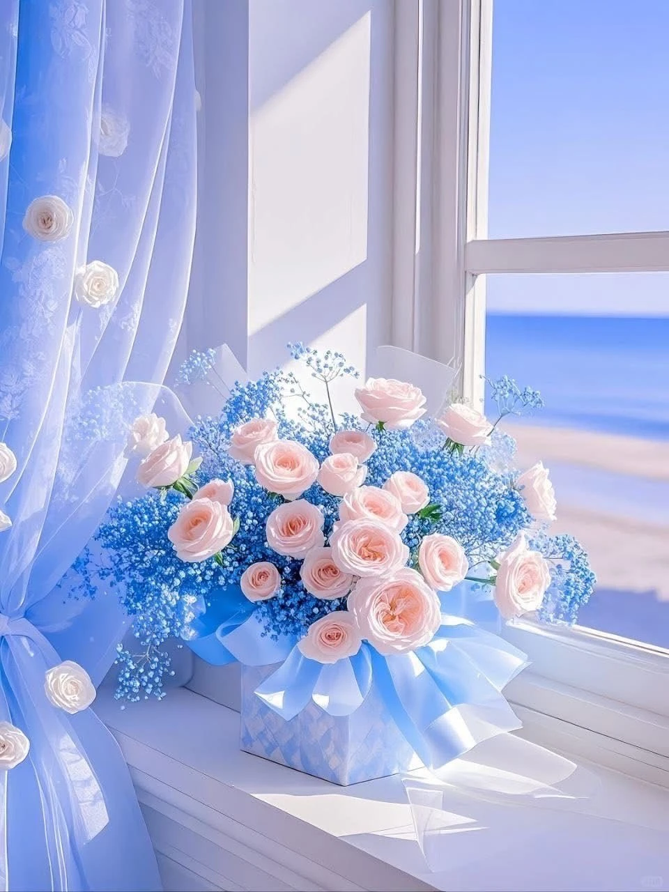 DIY Pink Rose Blue Gypsophila Bouquet Diamond Painting Seaside Window Modern Wall Decoration for Living Room Bedroom