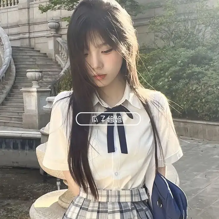 Japan Shirt And Tie Womens 2024 Summer Plaid Skirt Tennis School Y2k Jupe Solid Color Versatile Short-Sleeved T-Shirt