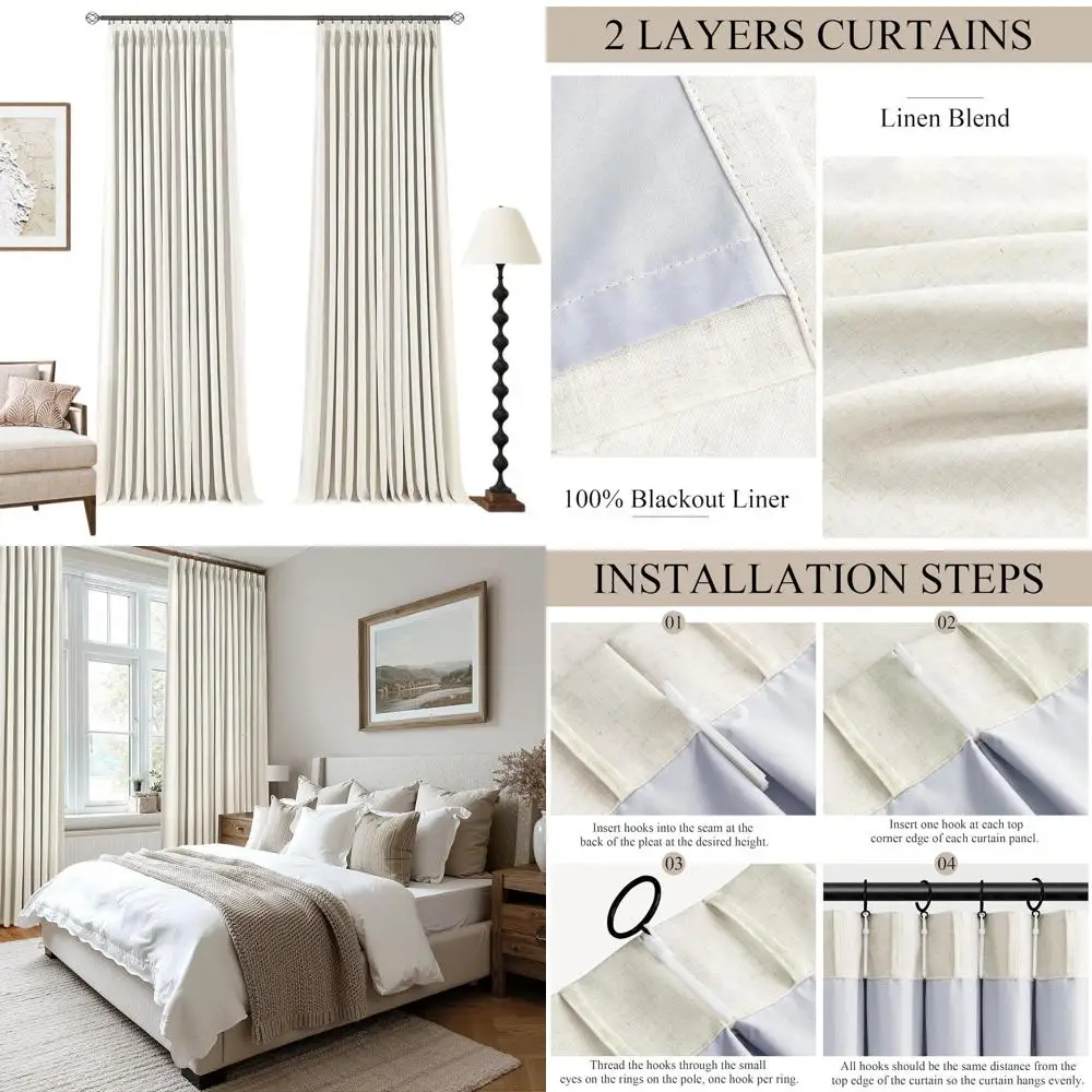 

Cream 100% Linen Pinch Pleat Blackout Curtains, 108 Long, 2-Panel Set for Bedrooms & Living Rooms, Thermal Insulated
