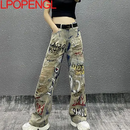 Fashion Color Printed Personalized Do Old Ripped Gothic Jeans Women's Spring And Summer Button High Waist Loose Mopping Pants