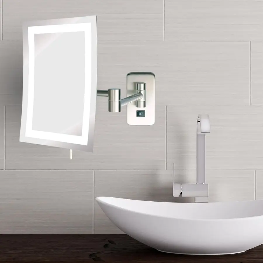 Miroir de maquillage mural rectangulaire, miroir de maquillage à fil Direct avec grossissement 5X et lumières LED, finition nickel, modèle JRT710NL