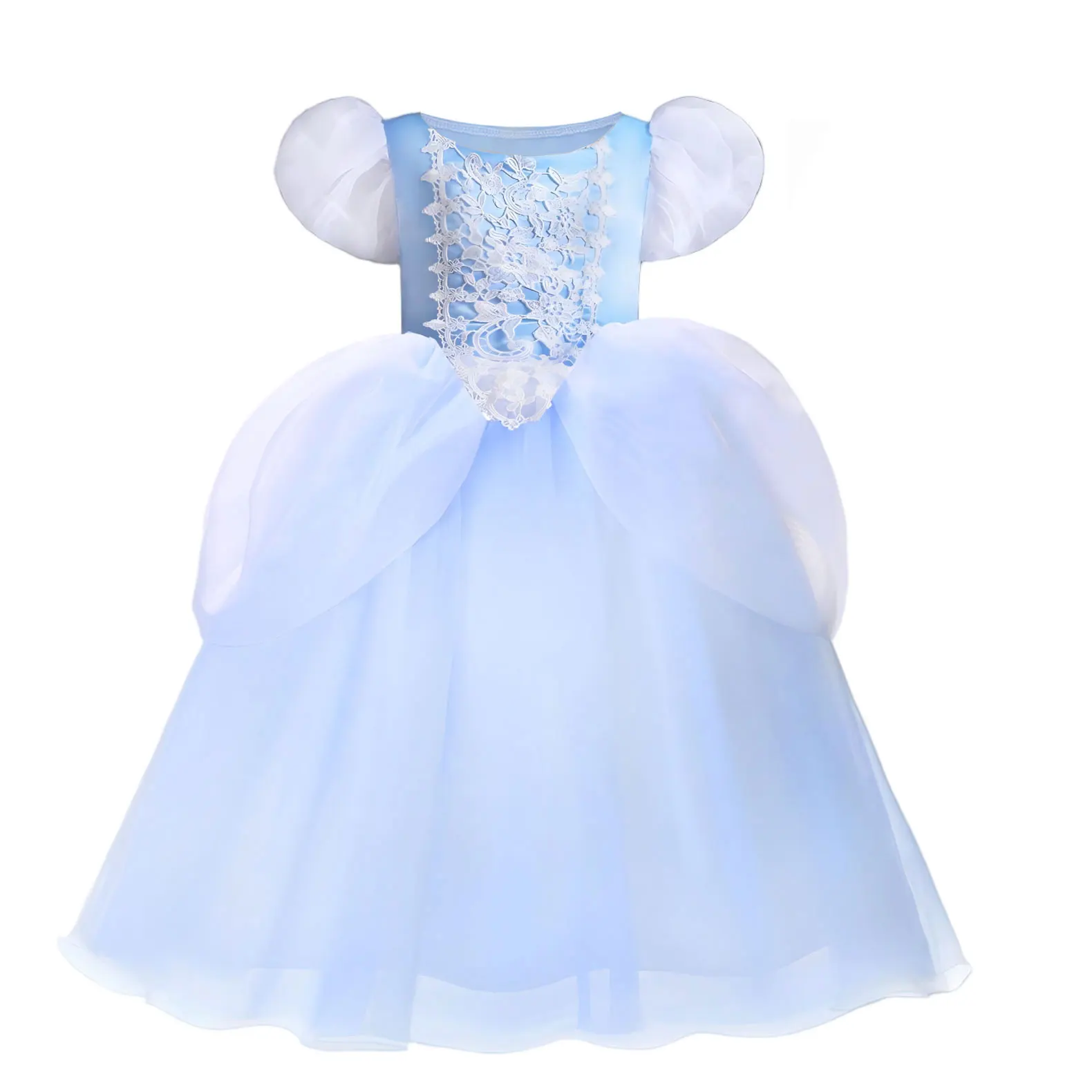 Girls Blue Puffy Princess Dress Lace 3D Flower Ball Gown Kids Birthday Party Cendrillon Outfit Halloween Cindy Role Play Costume