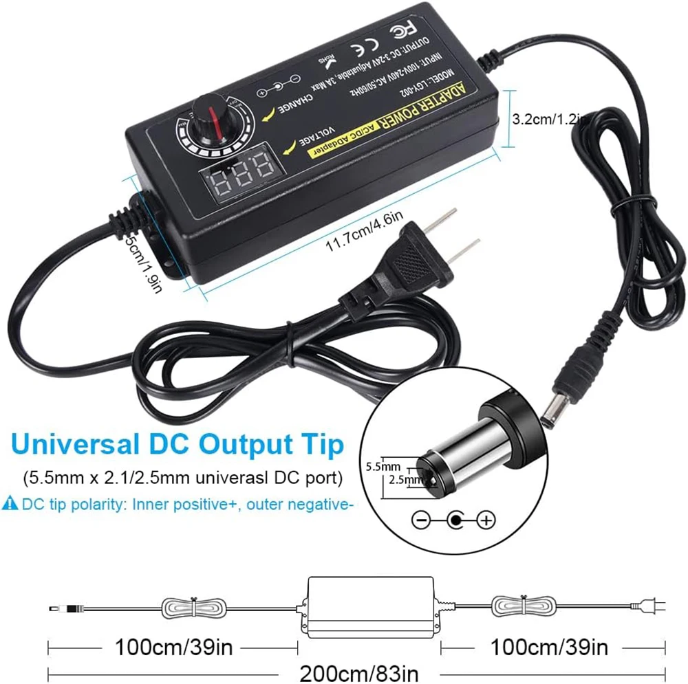 3V-24V 3A 72W Adjustable Power Adapter, Multi-Voltage 100V-240V AC to DC 9V 12V 15V 16V 18V 19V 20V AC/DC Variable Power Supply