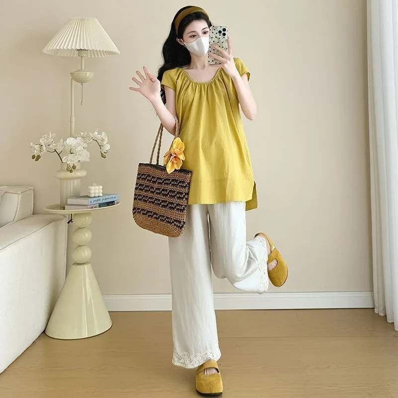 French Style  2 Piece Sets Womens Outfits 2026 New Summer Thin Pregnant Belly Cover Shirt and Wide Leg Pants Two-piece Sets