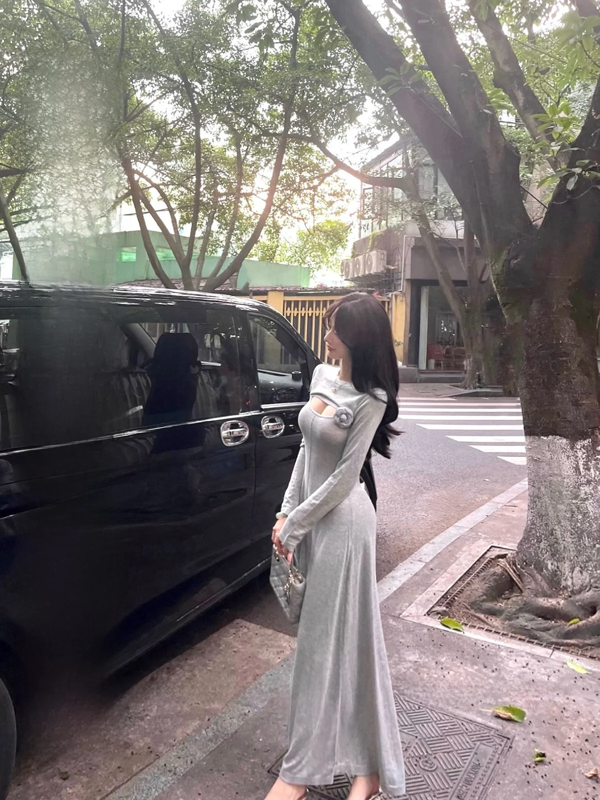 

Ele CCZEE Rose Decorated Slim Fit Long Dr Faionable Hollow out Design Quali Chinese Faion Women's Dr