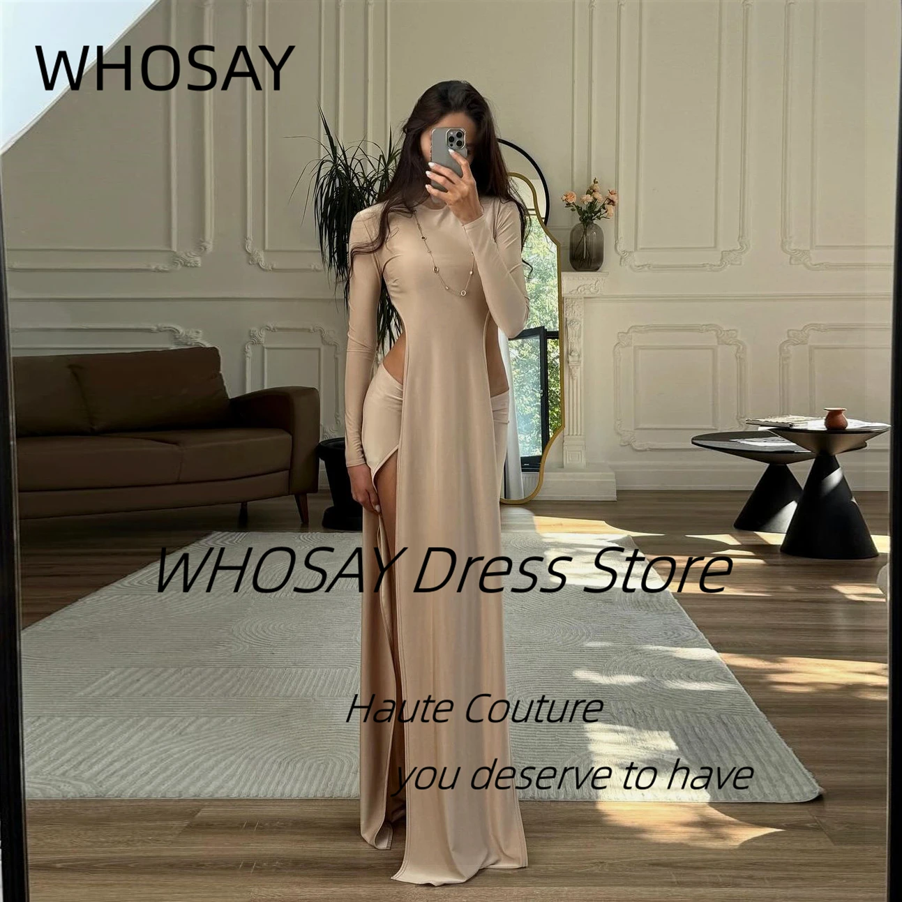 WHOSAY Sexy Ladies Wear Two Pieces Prom Dresses Long Sleeves Special Occasion High Side Slit Night Club Cocktail Party Gowns