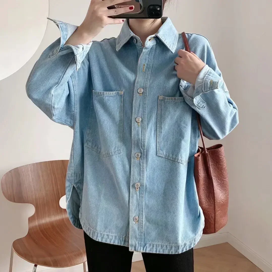 Luxury High-end Denim Jacket Vintage Denim Shirts Long Sleeve Single Breasted Women Clothing Casual Oversized Coat Cowboys Tops