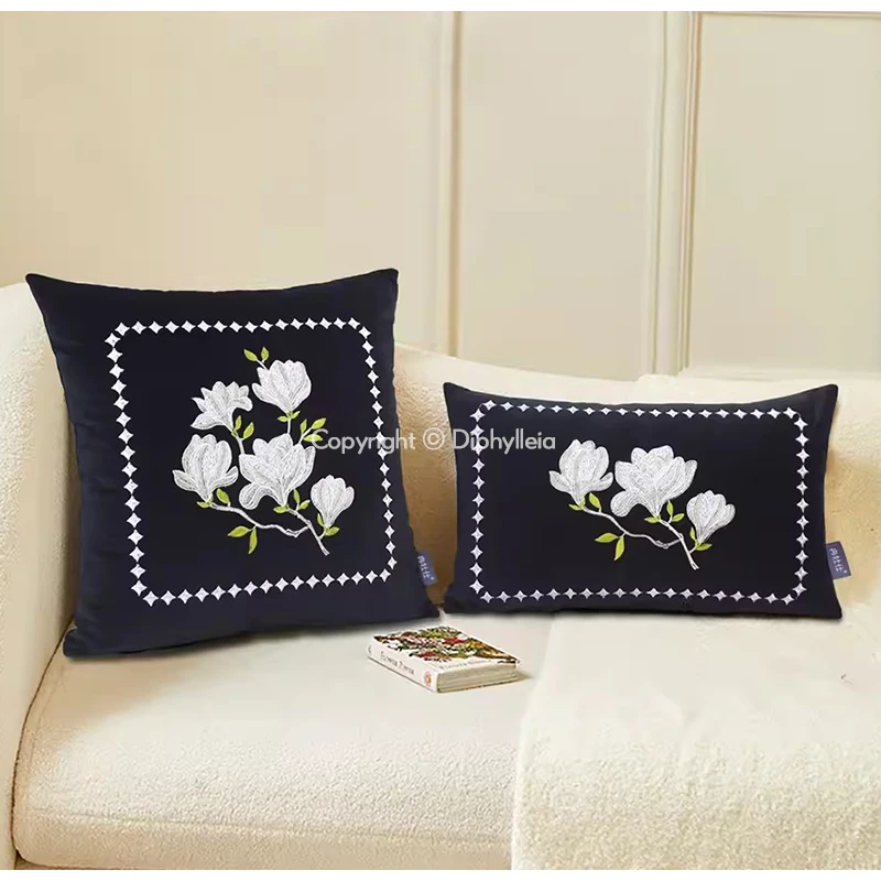 Diphylleia Magnolia Floral Embroidered Throw Pillow Cushion Cover French Nature Essence Beauty Blooms Accent Pillow Case 50x50cm