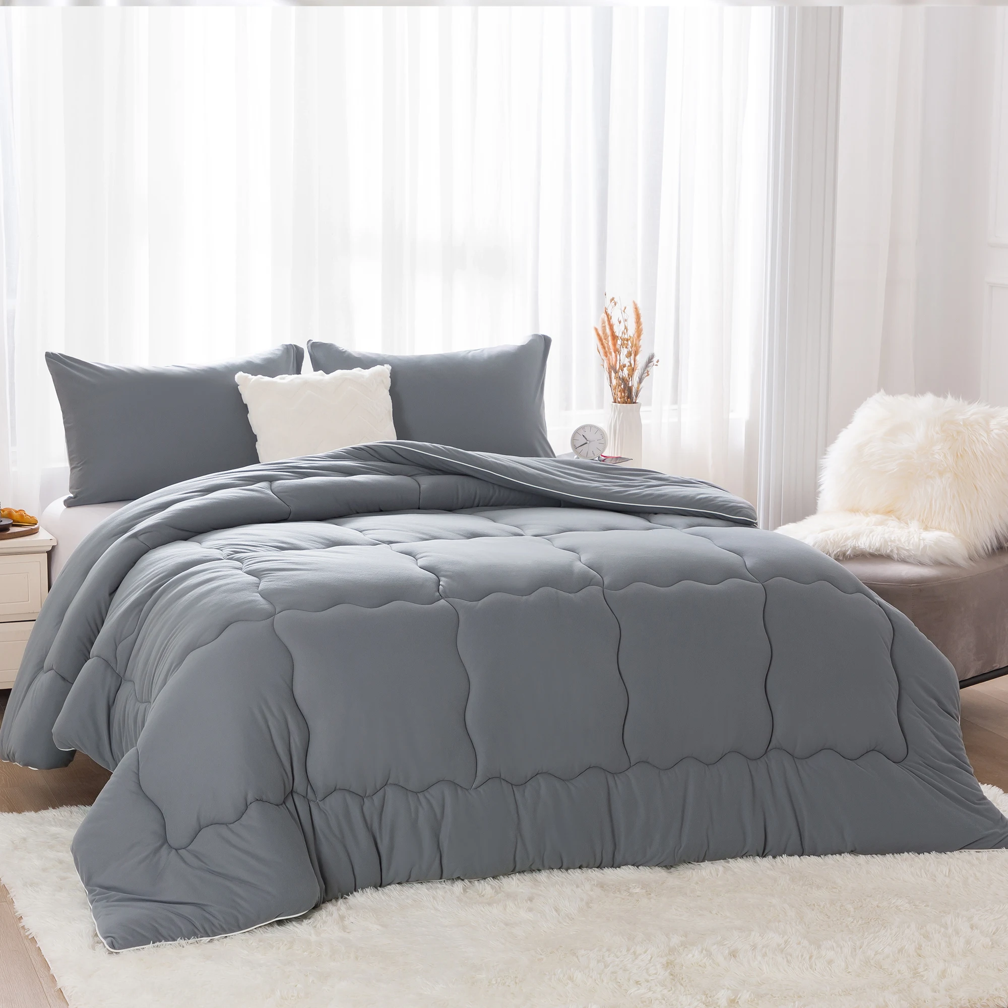 Breathable Fluffy Cosy Bedding 1 Down Alternative Comrter & 2 Pillow Sham Twin Size Dark Grey