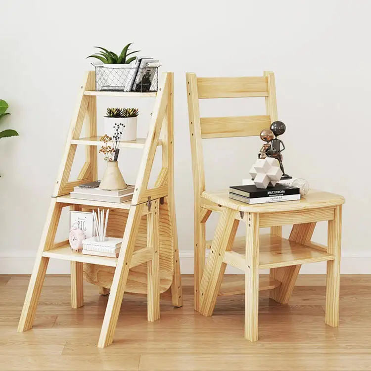 Creative dual-use 4-layer foldable ladder chair flower book storage display stand wooden step stool