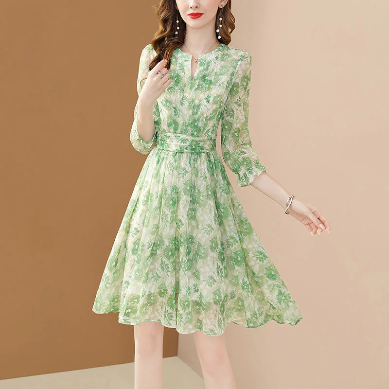 Elegant V-Neck Spliced Chiffon Printed Ruffles Folds Mini Dress Women's Clothing 2023 Summer New Loose Office Lady Floral Dress