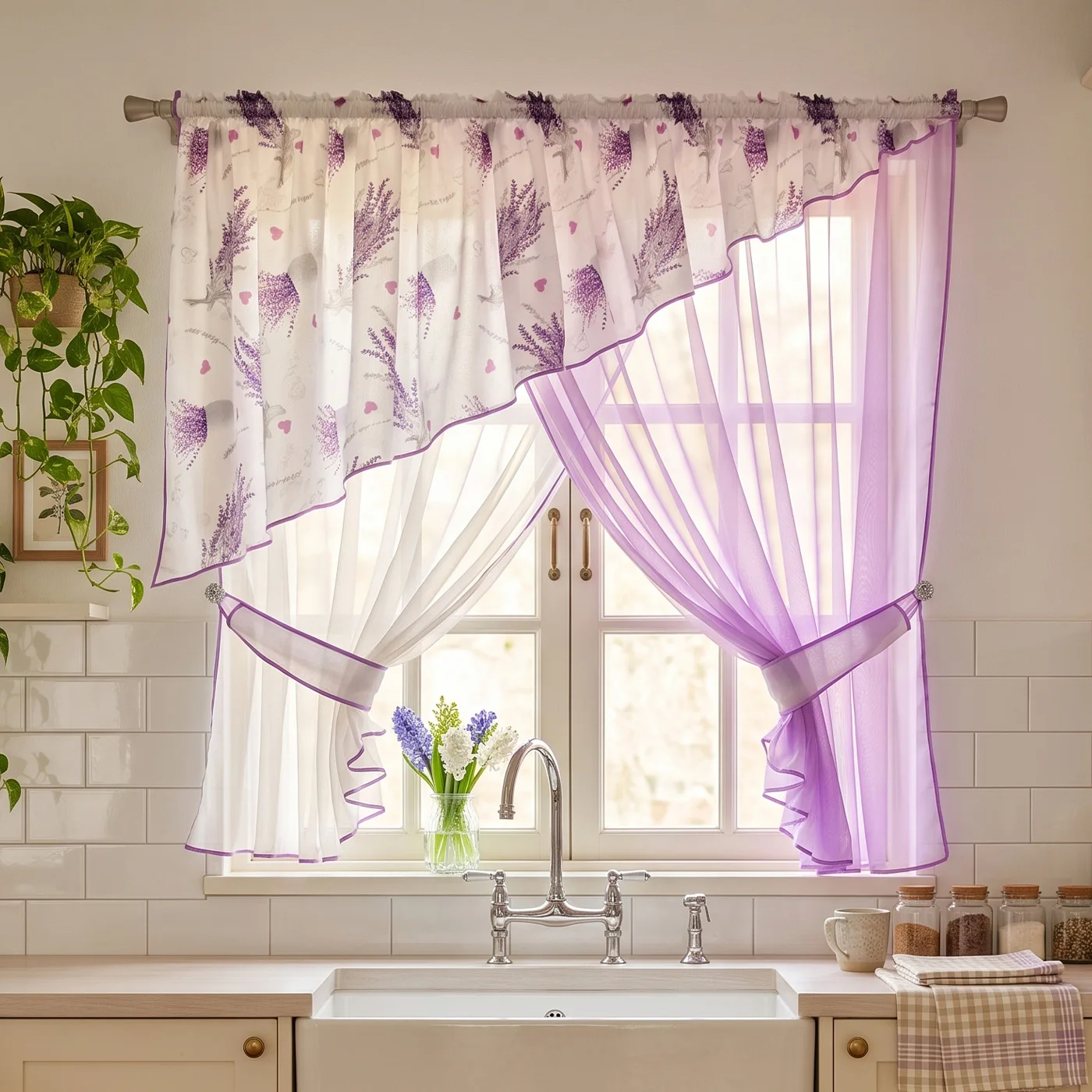 1 Stück Vorhang mit Schlaufenbündchen, Lavendel-Blumenmuster, Lichtfilternder Doppelschichtiger Transparenter Vorhang, für Schlafzimmer, Süßes Einweihungsgeschenk