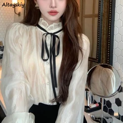 Shirts Women Lace-up Stand Collar Long Sleeve Casual Tops All-match Loose New Seductive Feminine Breathable Tender Stylish Ins