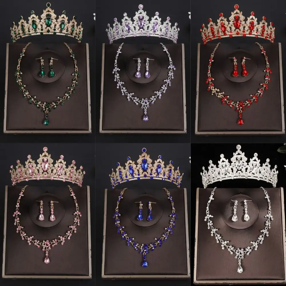3 unids/set de conjuntos de joyería nupcial de lujo, Tiaras de Color plateado de cristal, collar de corona, pendientes, diamantes de imitación brillantes