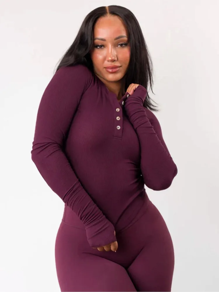 Girocollo raglan con bottoni, orlo curvo, top con strisce per dita, stile semplice, tutto-fiammifero, tinta unita, sottile, confortevole, casual, alla moda