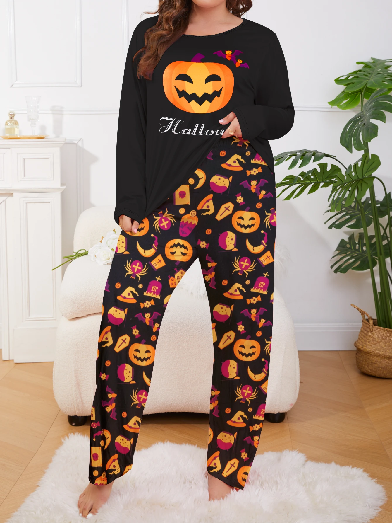 Halloween pumpkin print cute casual plus size women\'s pajamas home clothes T-shirt&pants 2-piece set