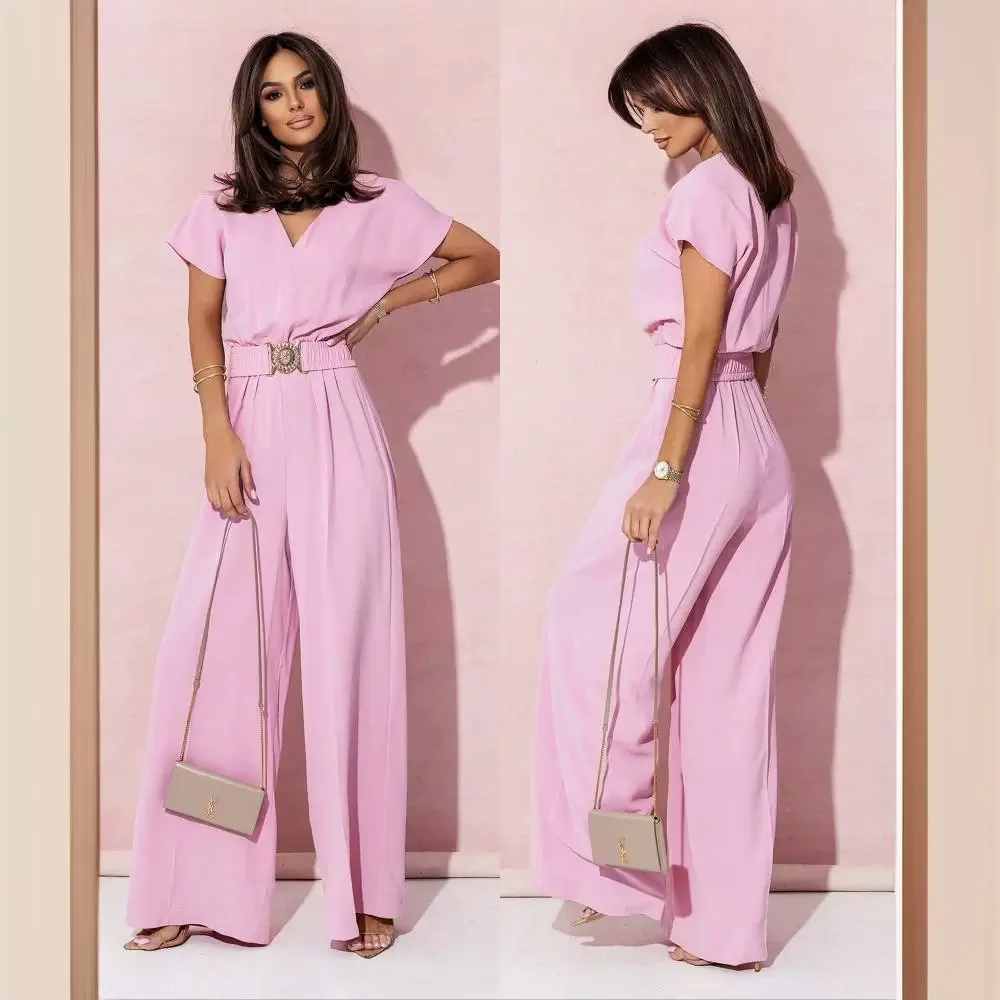 Fashion V-neck Short Sleeve High Waist Jumpsuit Women 2024 Summer Solid Wide Leg Elegant Romper Vintage Jumpsuits Overalls Women