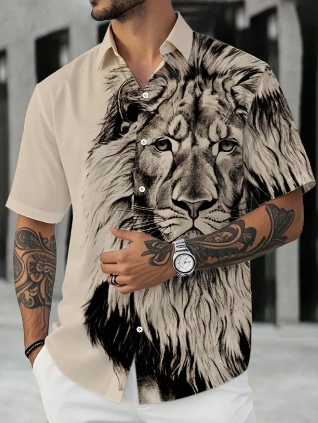 

Мужская летняя блузка, повседневная рубашка с коротким рукавом и принтом льва, винтажная праздничная туника на пуговицах, большие туники, 2025 г., офисная мужская одежда