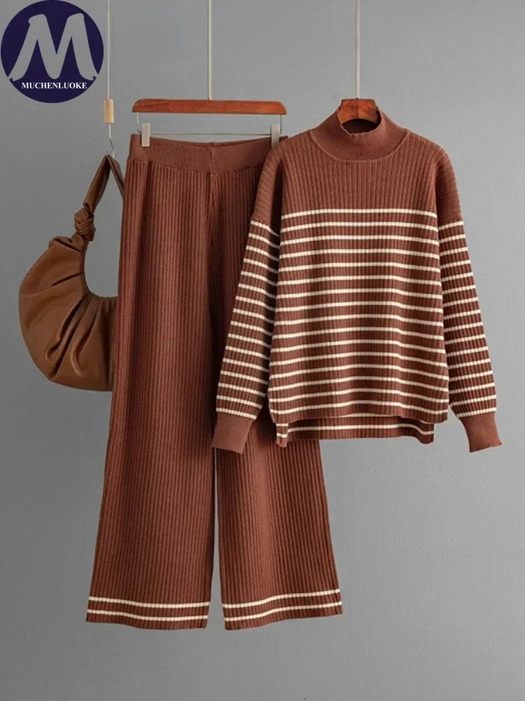 2 Piece Sets Women Outfit Autumn Winter Striped Half High Neck Knitted Sweater Top Suits Fashion Casual Loose Wide Leg Pant Sets