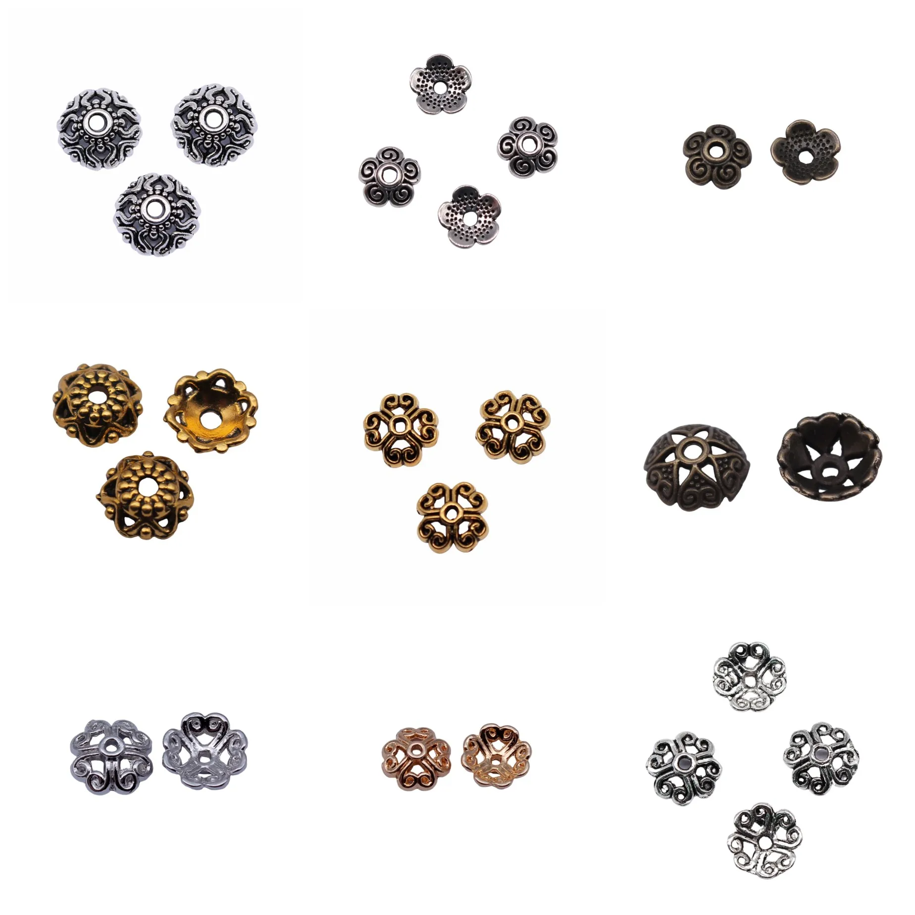 Tapones de cuentas florales de color plateado antiguo, separadores de metal para pulseras, collares, manualidades de joyería DIY, venta al por mayor.