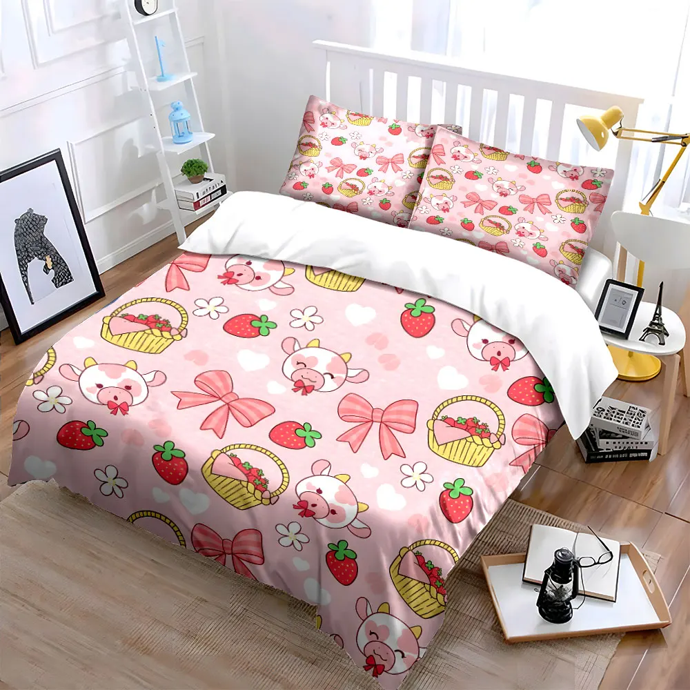 Pink Cute Cow Strawberry Pattern Print Bedding Set 1 Duvet Cover 2 Pillowcases for Adult and Children Luxury Gift Full Size