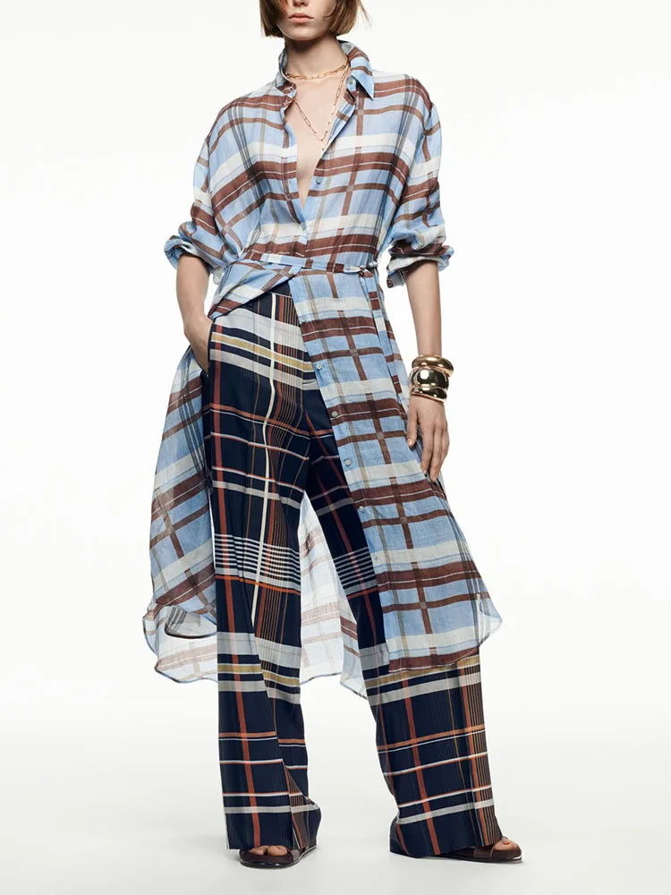 Vestido Csa F Outono 2025 Novo com Estampa Xadrez 8377036 Saia 8370033 330 Traje de Palco Estilo Étnico Chinês Trad...