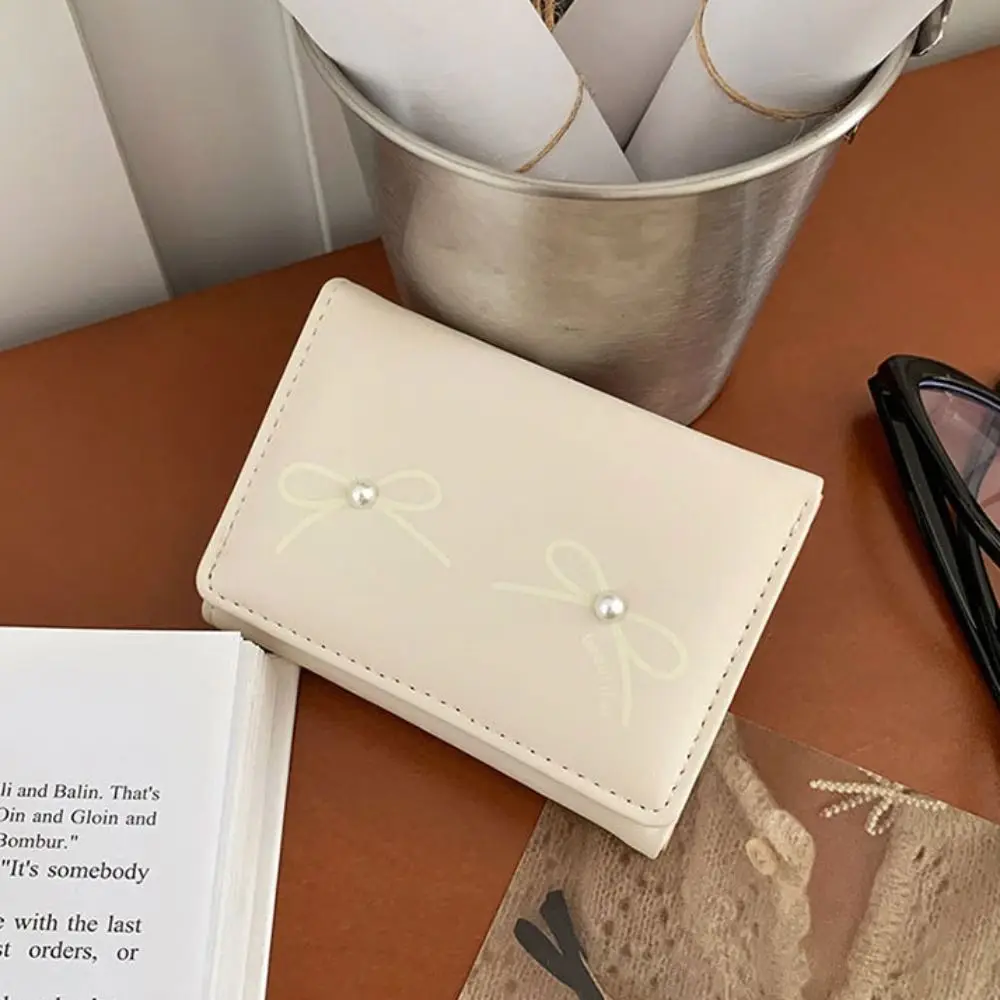 Waterproof Bow Short Folding Wallet Handheld Lightweight Money Purse Bag PU Leather Korean Style Heart Photo Card Holder Female image 3