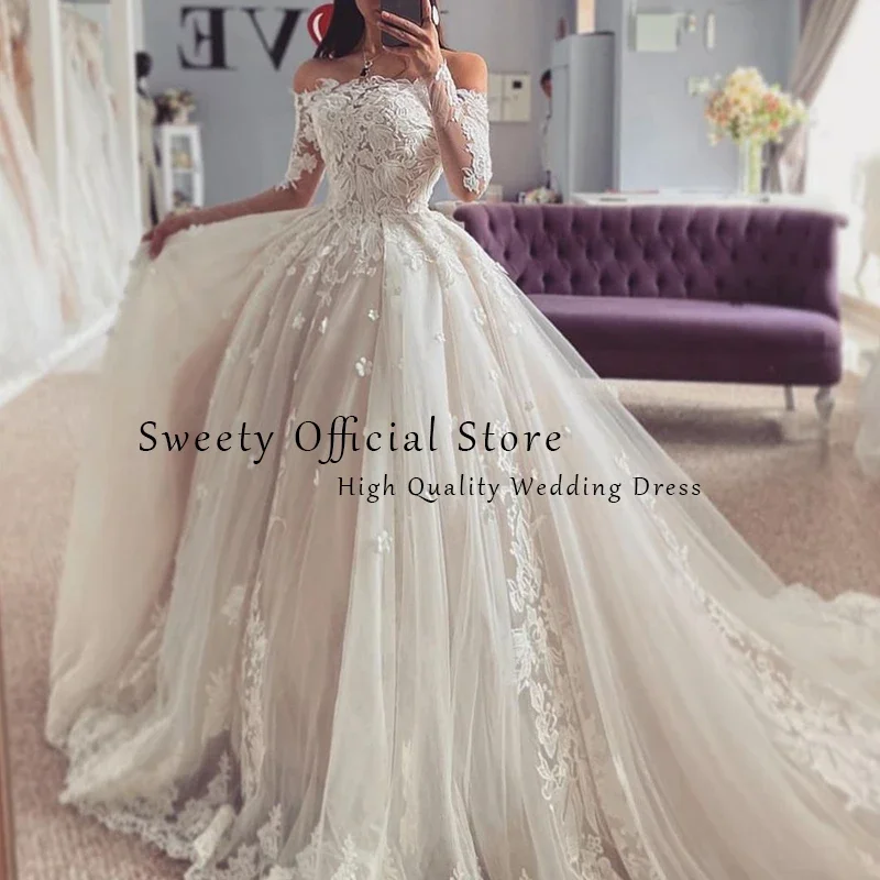 Elegante trouwjurk geborduurd kant op net met prinses baljurk boothals volledige mouw bruid vestido de novia aangepast