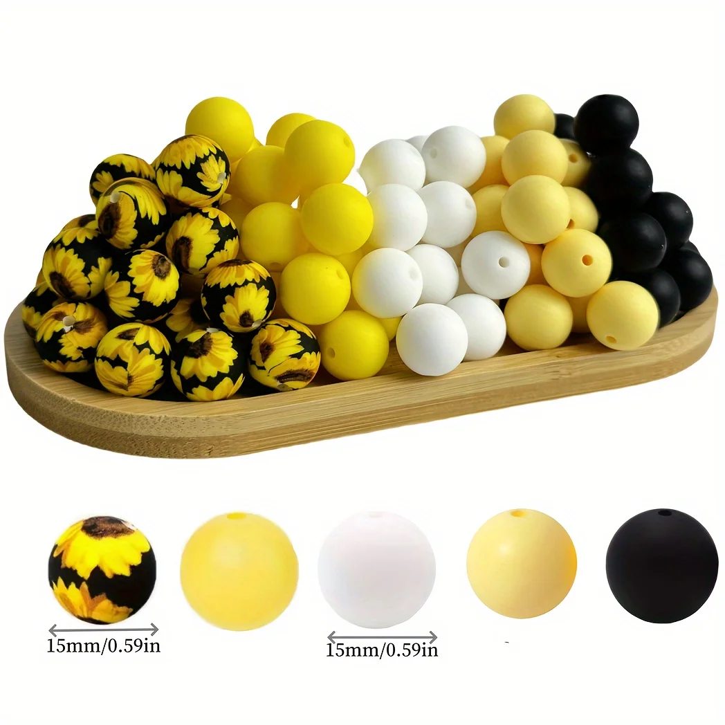 Mixed Print & Solid Silicone Beads Set Food Grade Round Beads for DIY Jewelry Making Baby Pacifier Chain Teething Bracelet