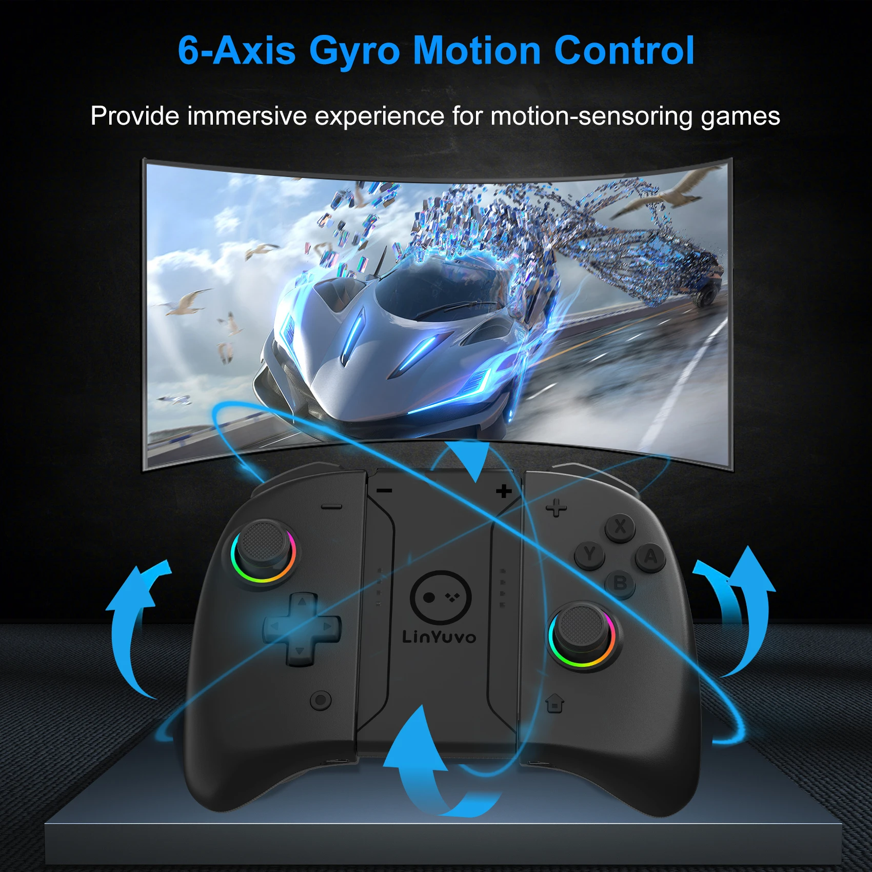 LinYuvo Meteor Light จอยแพดไร้สายพร้อมไฟ RGB 8 สีสําหรับสวิตช์/OLED พร้อมโปรแกรมได้ ไจโร 6 แกน เทอร์โบ และการสั่นสะเทือน