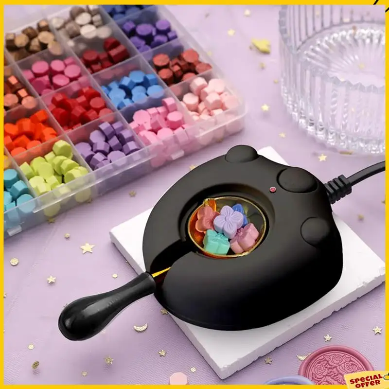 A24P جهاز تسخين ختم الشمع الكهربائي، طقم ختم الشمع الأسود مع ملعقة وملاقط أداة رائعة لأختام الشمع DIY، قابس أمريكي