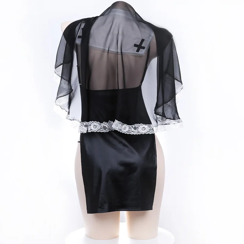 섹시 란제리 섹시 롤플레잉 수녀복 커플 플러팅 게임 드레스 속이 비치는 블랙 할로윈 테마 유니폼 L295