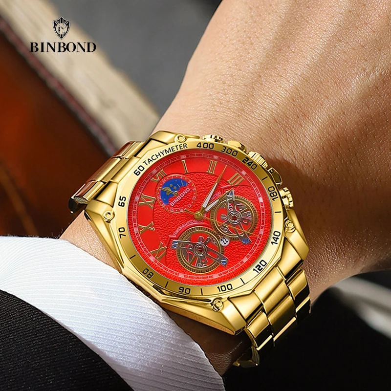 BINBOND Luxury Brand Business Quartz Men\'s Watch Fashion Design Stainless Steel 30M Waterproof Luminous Casual Male Wristwatches