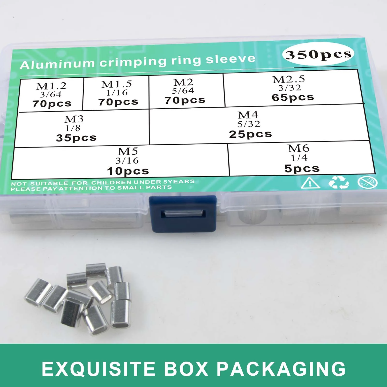 350Pcs 8 크기 알루미늄 압착 루프 슬리브 와이어 로프 및 케이블 라인 엔드 구색 키트 용 단일 구멍 페럴-M1.2-M6
