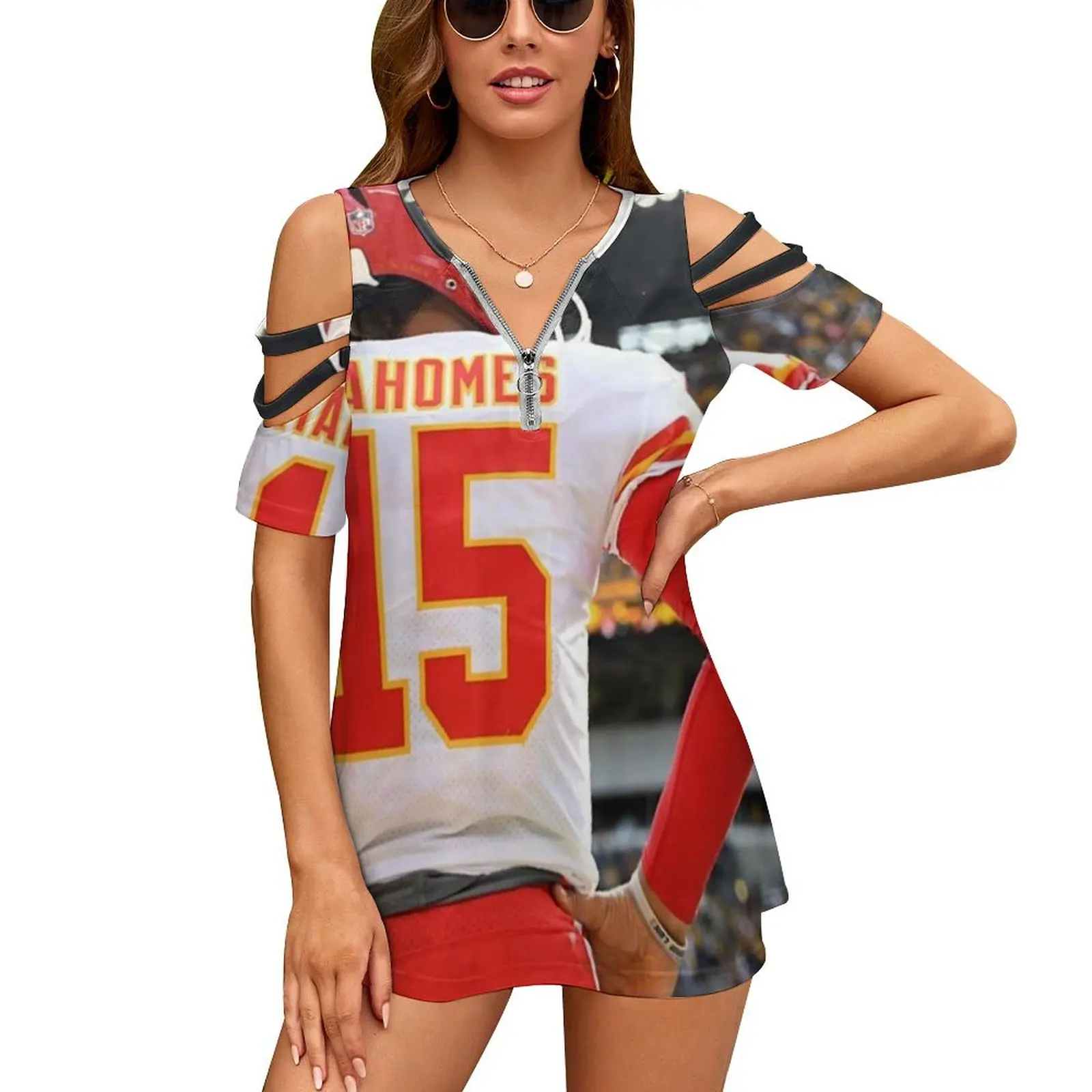 Pat , Women Zipper Sexy Printed Vintage T Shirts Tops Full Print T-Shirt Pat Mahomes Patrick Andy Reid Tyreek Hill Travis Kelce