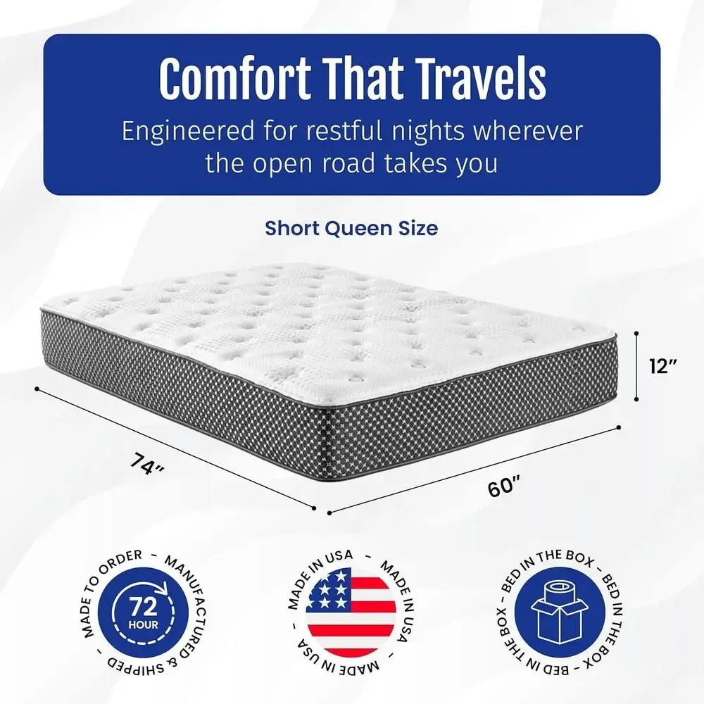 12 Cool Hybrid Short Queen RV Mattress, 60x74, Plush Medium Gel Memory Foam & Encased Coil, Cooling Comfort, USA Made