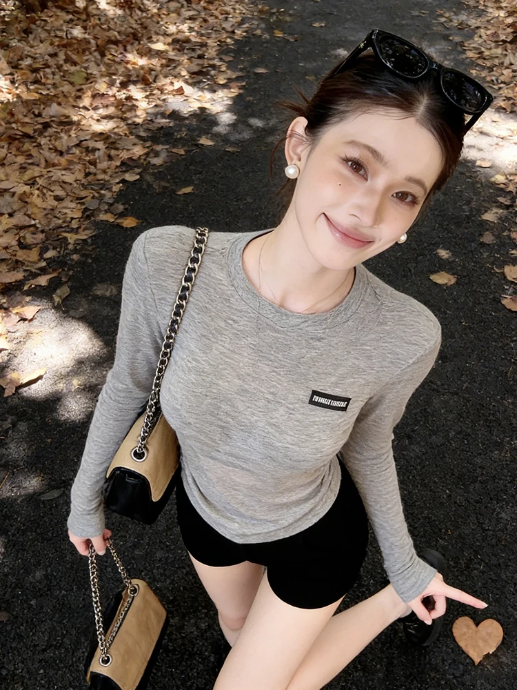 Gray round Neck Long Sleeve UV Protection T-Shirt Women's Early Autumn New Simple Casual Slimming Versatile Top Korean Style