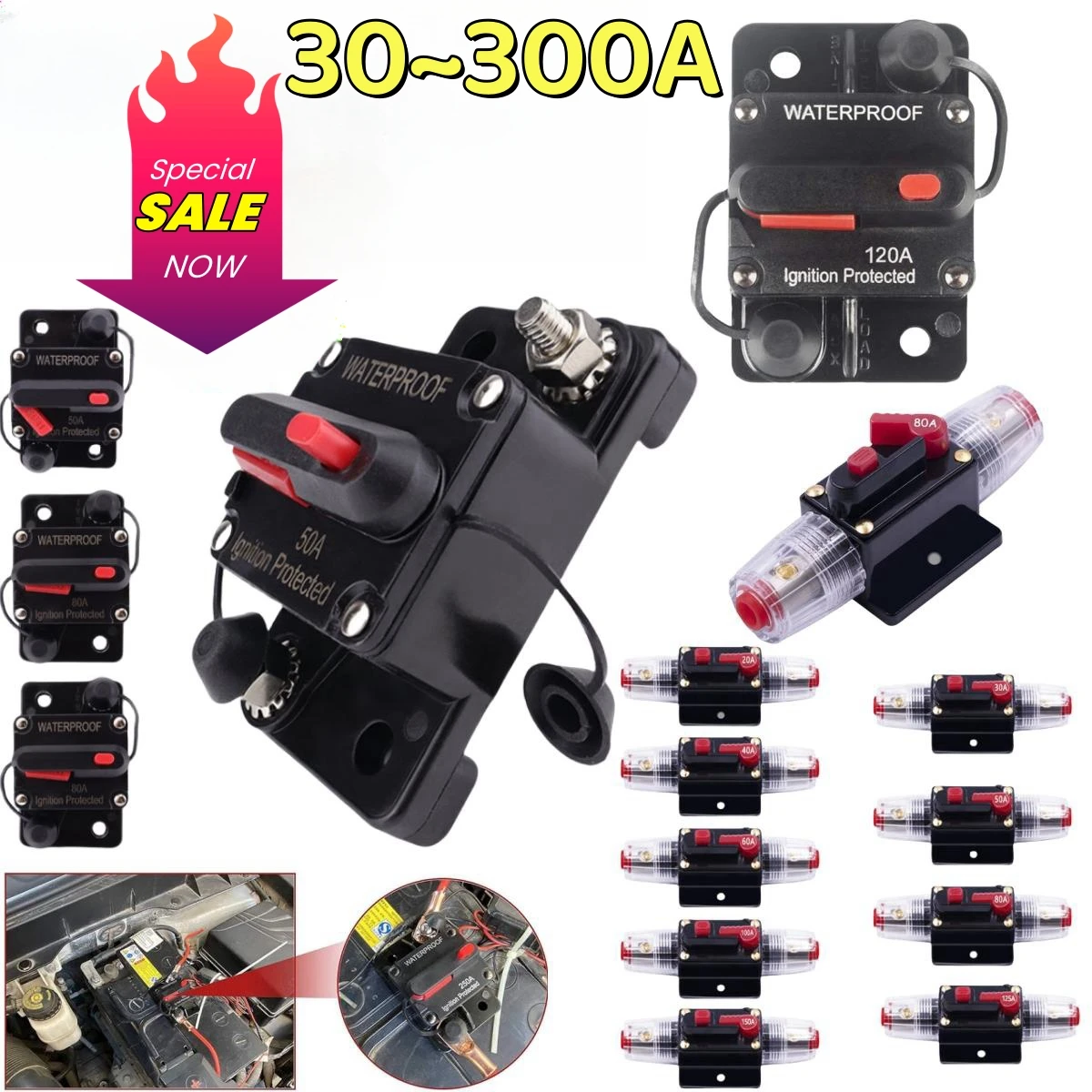 

30A to 300A Circuit Breaker Manual Reset for Car Audio System Waterproof Marine Circuit Breaker Reset Fuse 12V- 48V DC 40A 60A