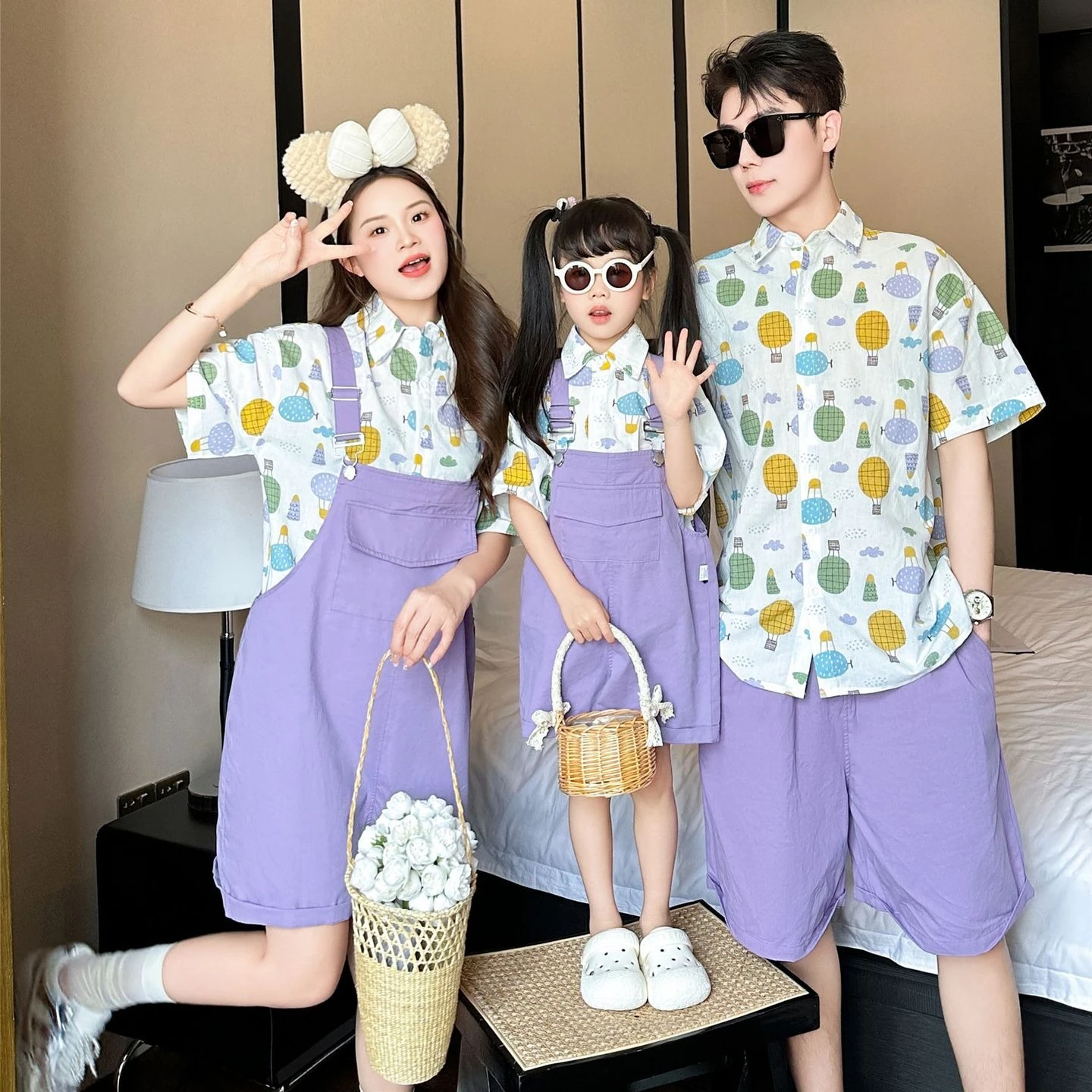 Family Couple Matching Clothes Summer Korean Cartoon Print Shirt Suspender Short Set Mom Dad Baby Family Photo Casual Outfit
