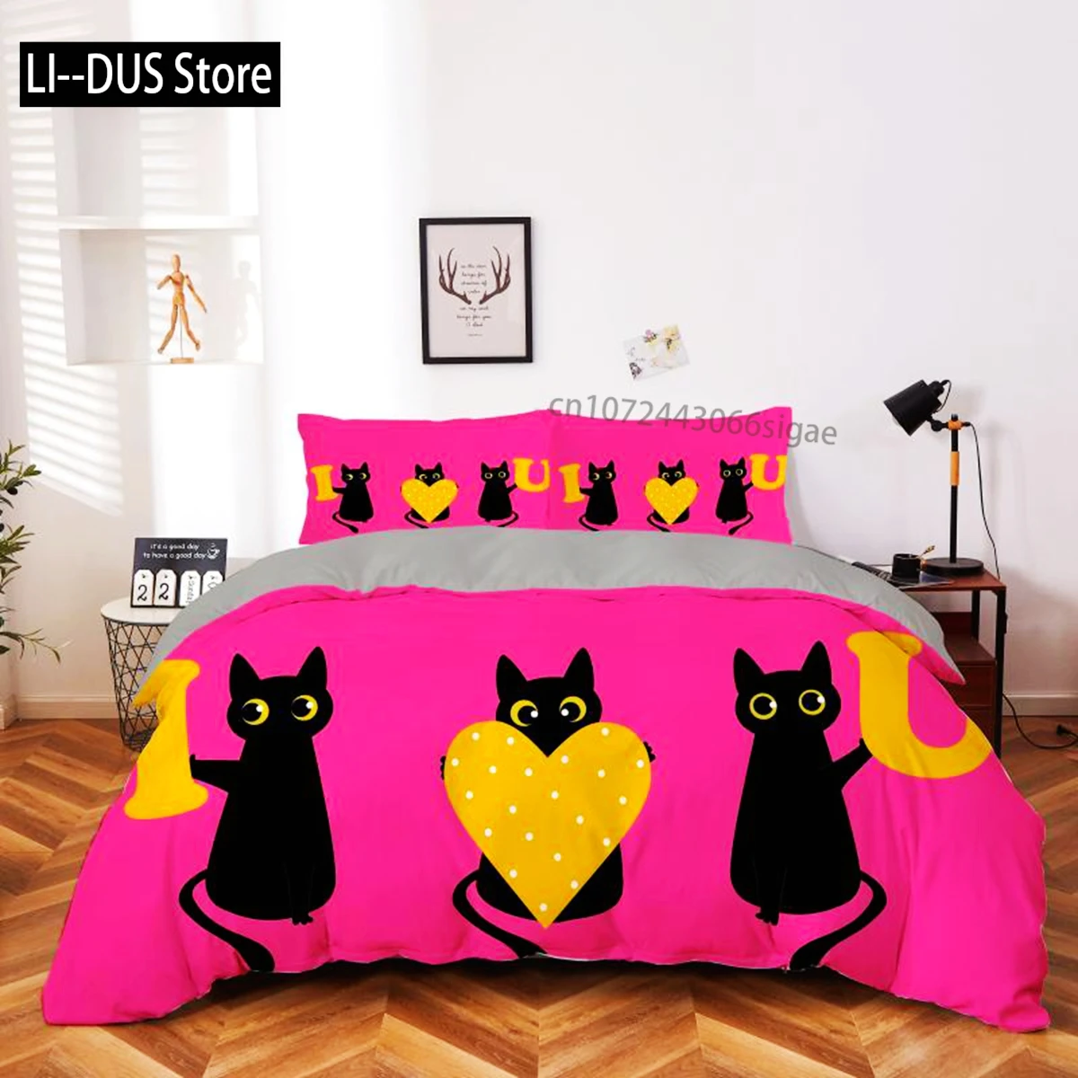 

Cartoon Cat Duvet Cover Set Microfiber Black Kitten Yellow Love Heart Pattern Bedding Set 2/3pcs Queen King Size Comforter Cover