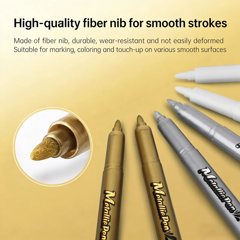 6Pcs/Set Metallic Marker Pens, Gold Silver White Medium Point Markers for Metal, Rock Painting, Black Paper & Card Making
