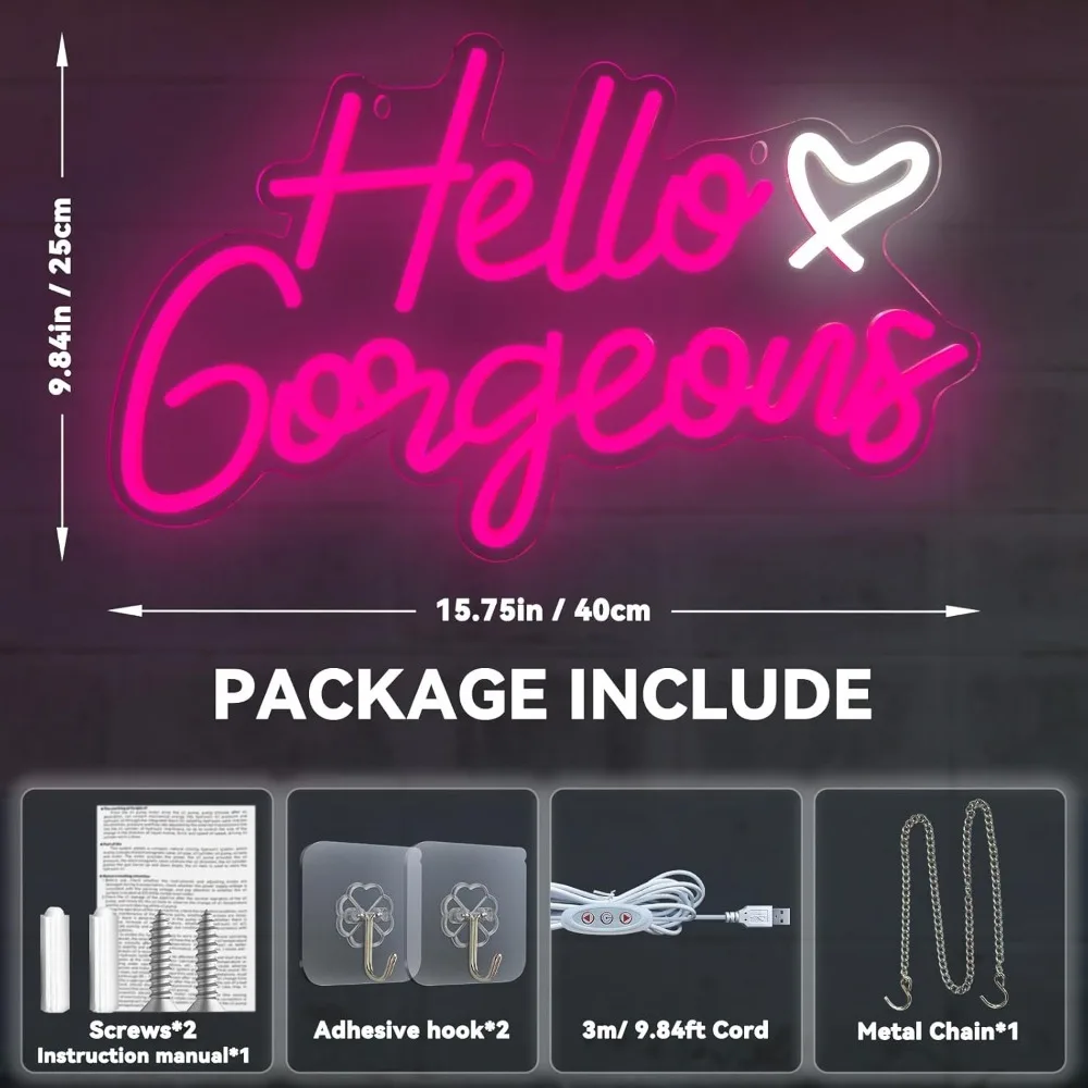 Hello Gorgeous Neon Signs LED Neon Light Sign Light Up Neon Signs Wall Decor for Birthday Engagement Wedding Bachelorette Party