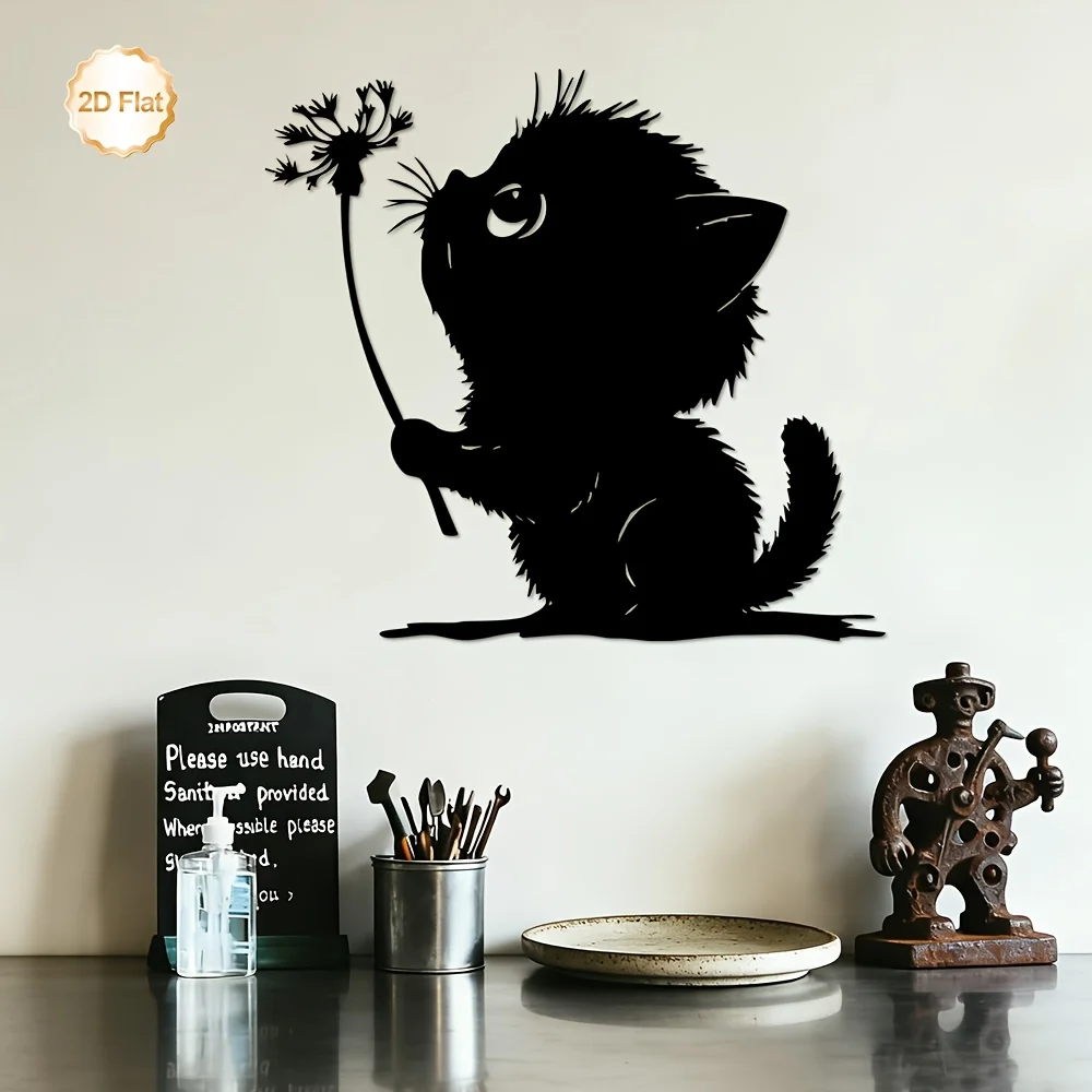CIFBUY Black Cat Dandelion Metal Wall Art Iron Silhouette 2D Sculpture Decor For Living Room Bedroom Home Office Hallway Plaque