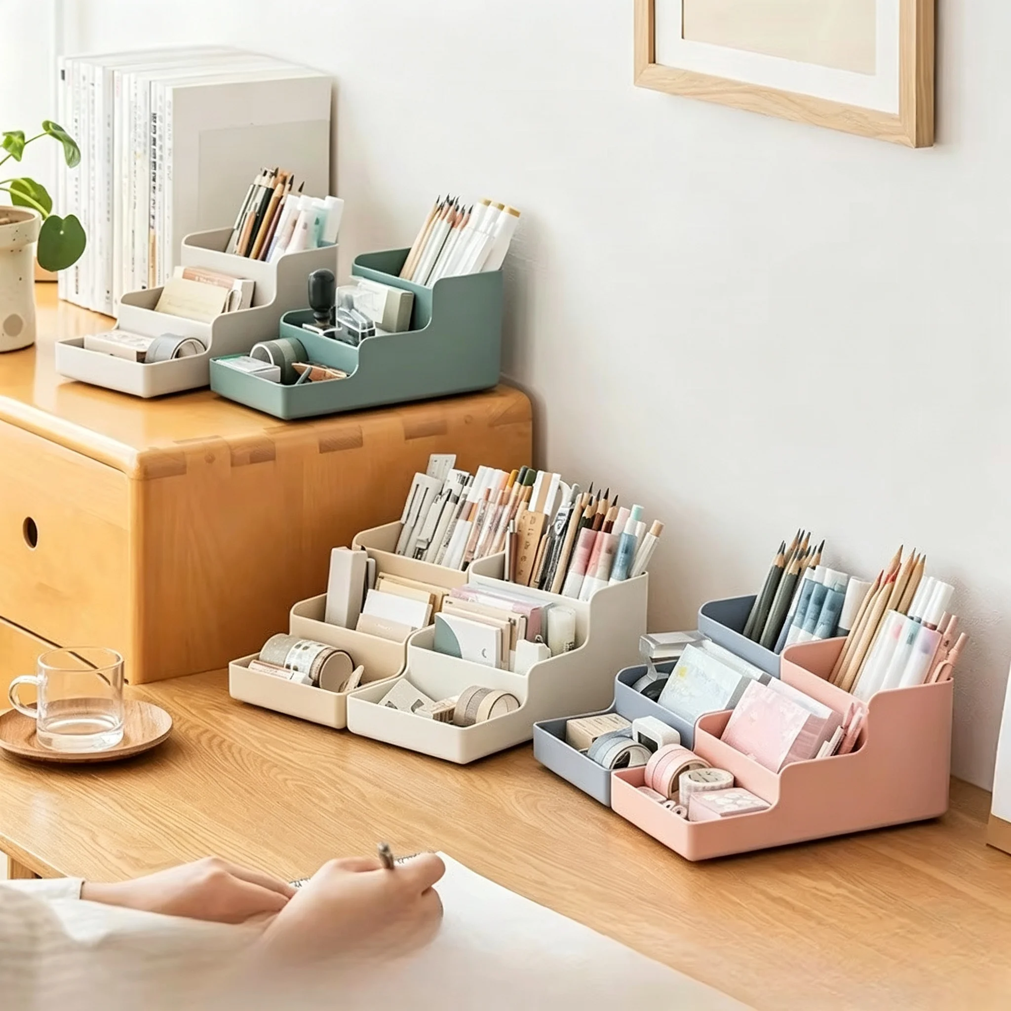 Ladder Style Partitioned Pen Holder Storage Box, High Aesthetic Pen Holder for Student Desk Stationery Storage