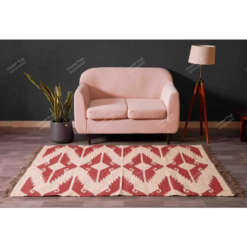 

Red Design Kilim Rug with Off White Dhurrie Fringes Jute Rug Home Décor Rug