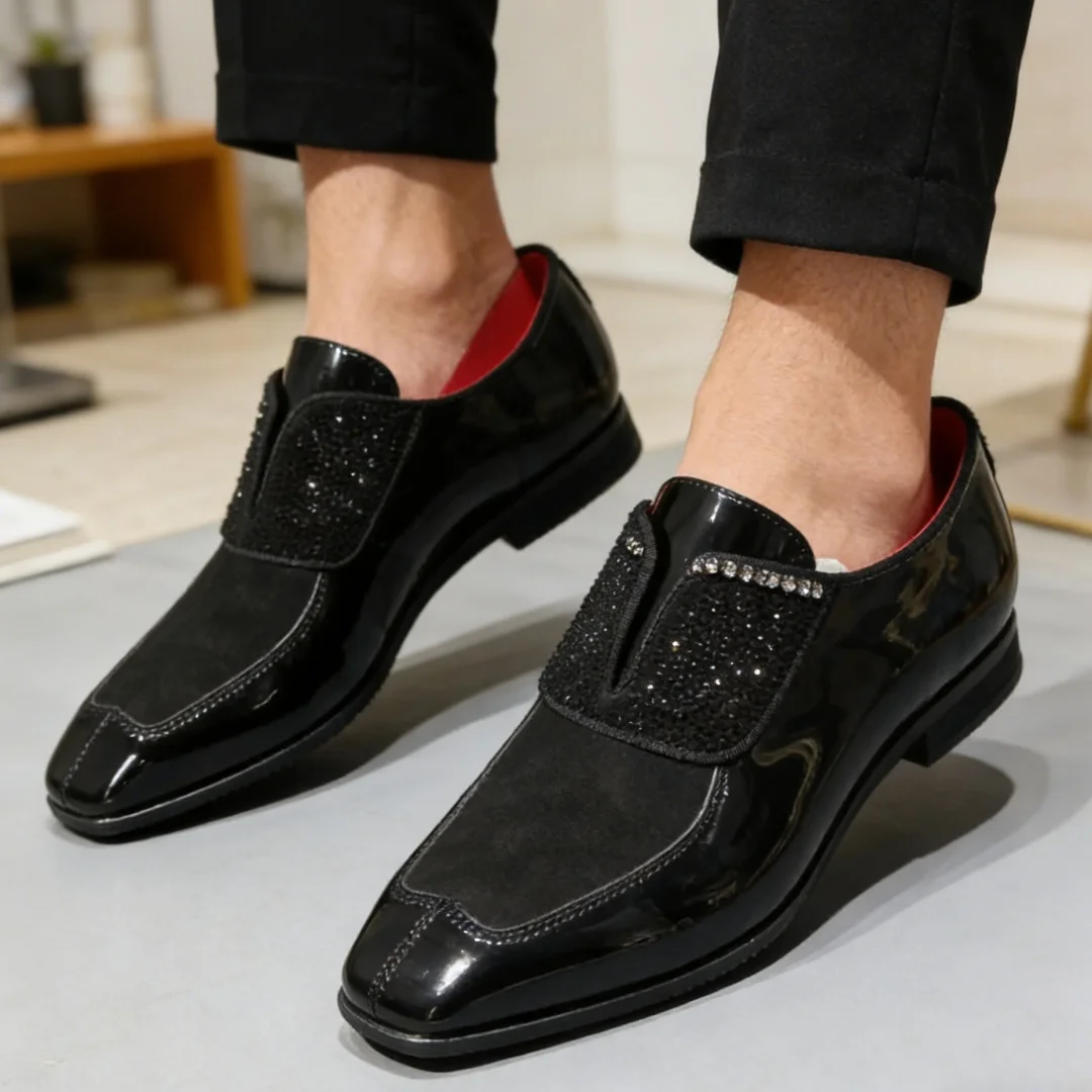 

Black Patent Leather Loafers British Square Toe Wedding Party Office Jane Shoes Female Handmade High Quality Men Crystal Diamond