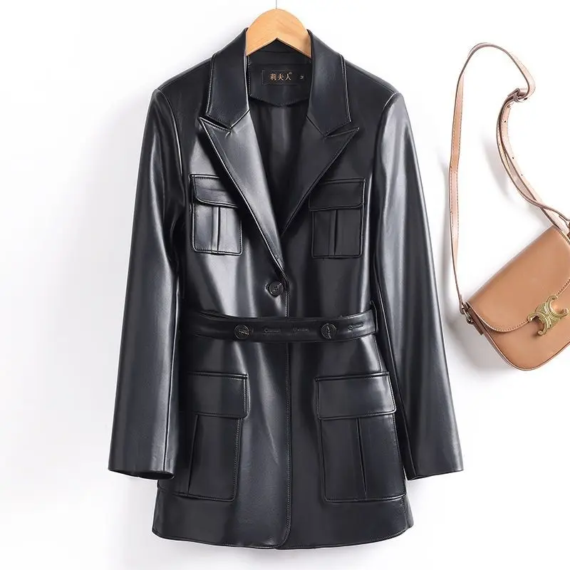 Women's Models Autumn Spring Coat Tops Leather Jacket Suit Collar Trench Coat Lace Up Medium-length Leisure Simple Brand New