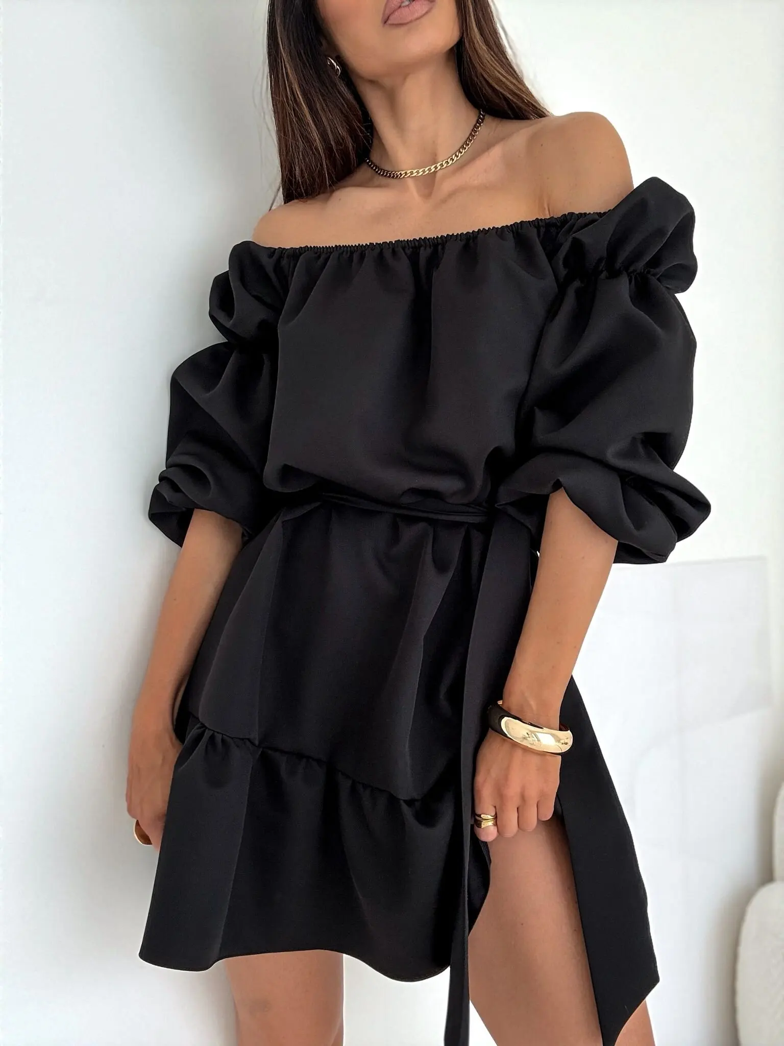 Women's Elegant Black Off-Shoulder Mini Dress with Puff Sleeves, Ruffled Hem and Tie Waist - Chic Casual Party Wear for Summer